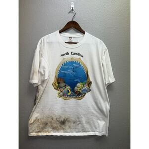 Vintage North Carolina Ocean Shirt Fish Tropical Shark Air Waves Stained Paint X